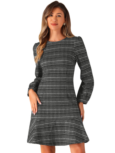 Casual Puff Sleeves Ruffle Hem Tweed Plaid Midi Dress