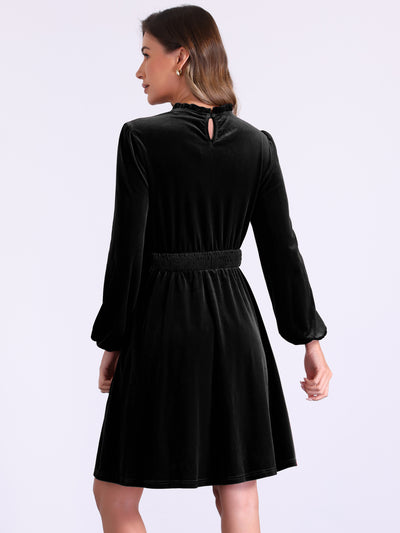 Velvet Smocked Waistline Long Sleeve Midi Dress