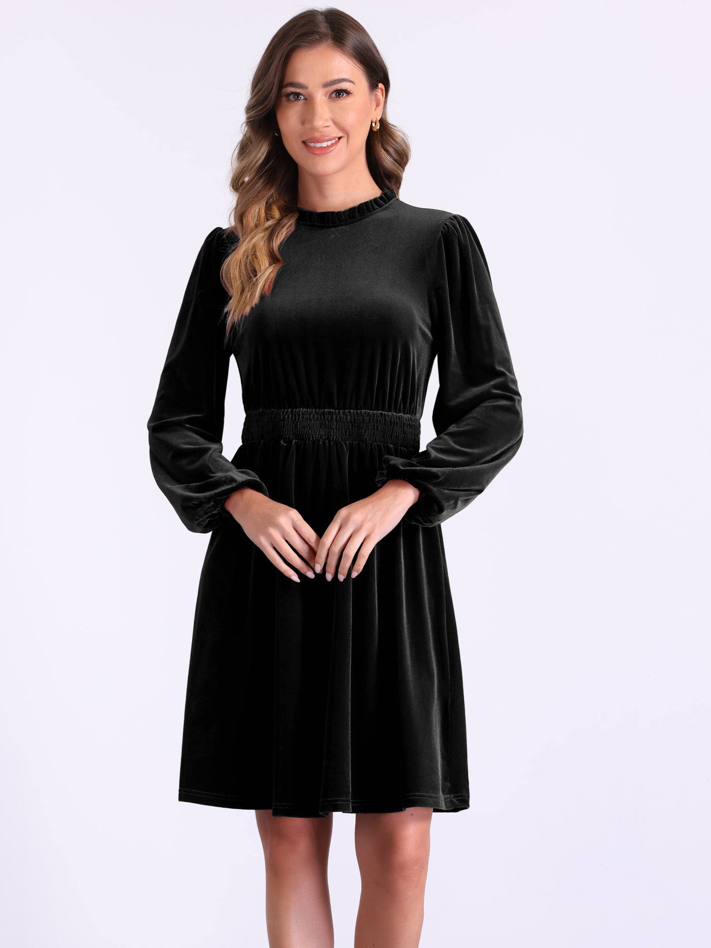 Allegra K Velvet Smocked Waistline Long Sleeve Midi Dress