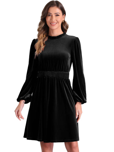 Velvet Smocked Waistline Long Sleeve Midi Dress