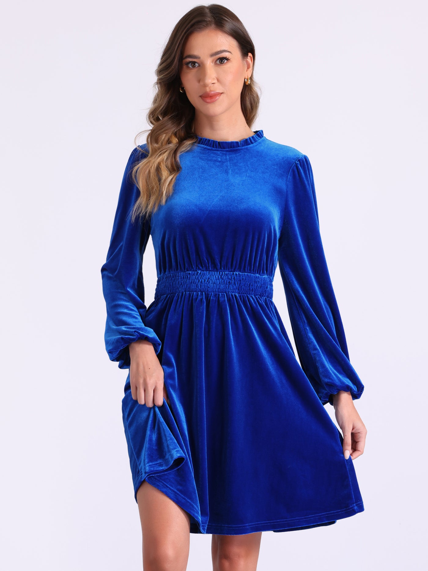 Allegra K Velvet Smocked Waistline Long Sleeve Midi Dress