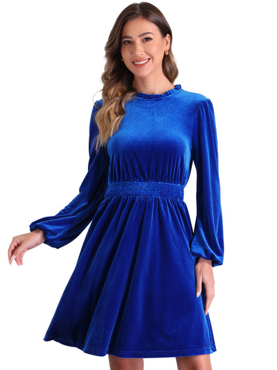 Velvet Smocked Waistline Long Sleeve Midi Dress