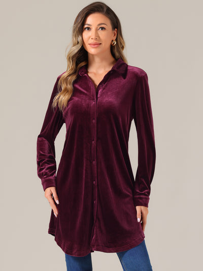 Velvet Button Down Long Sleeve Lapel Tunic Tops