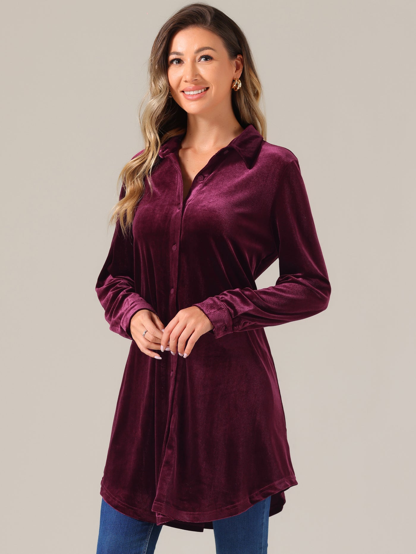 Allegra K Velvet Button Down Long Sleeve Lapel Tunic Tops