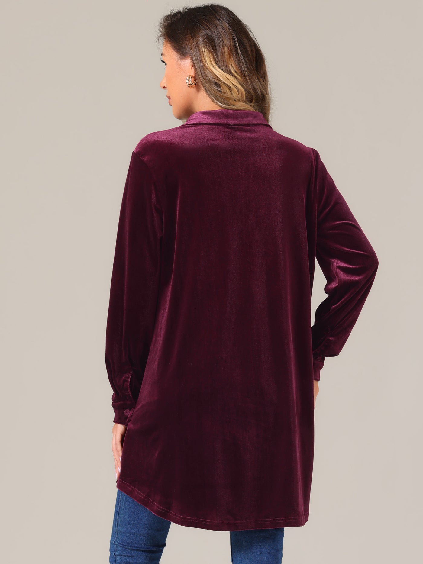 Allegra K Velvet Button Down Long Sleeve Lapel Tunic Tops