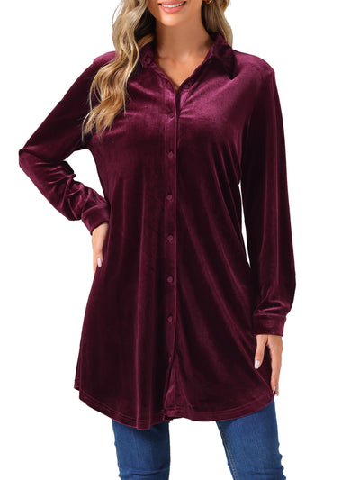 Velvet Button Down Long Sleeve Lapel Tunic Tops