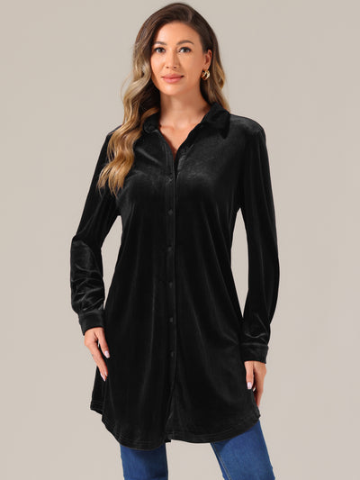 Velvet Button Down Long Sleeve Lapel Tunic Tops