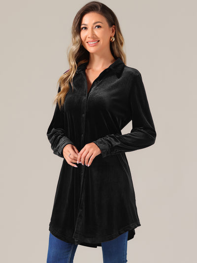 Velvet Button Down Long Sleeve Lapel Tunic Tops