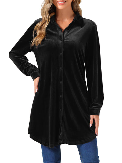 Velvet Button Down Long Sleeve Lapel Tunic Tops