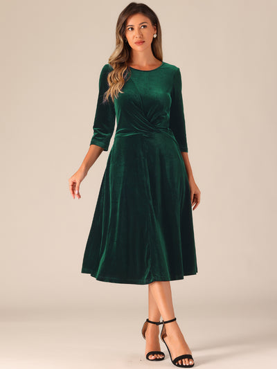 Velevet Round Neck 3/4 Sleeve Twisted A-Line Midi Dress