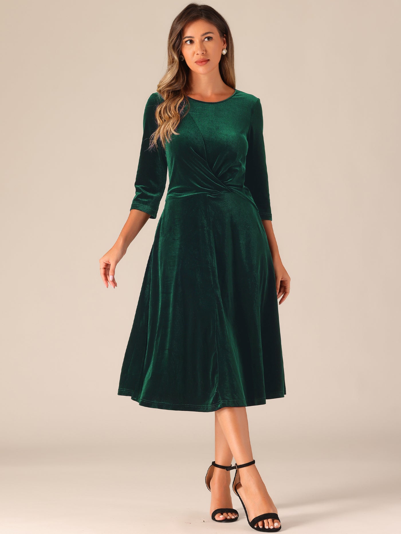 Allegra K Velevet Round Neck 3/4 Sleeve Twisted A-Line Midi Dress