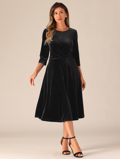 Velevet Round Neck 3/4 Sleeve Twisted A-Line Midi Dress