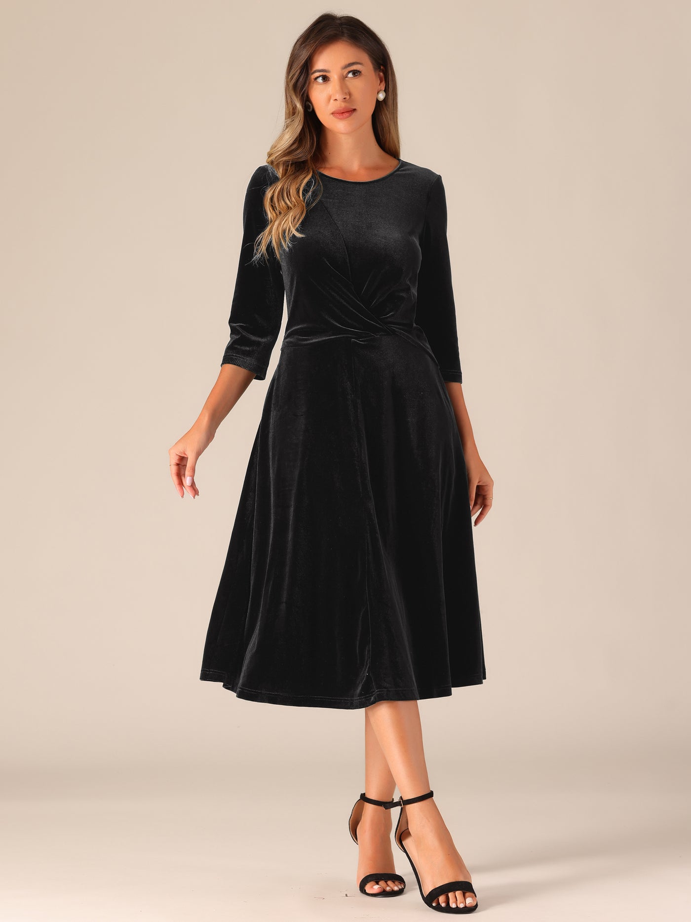 Allegra K Velevet Round Neck 3/4 Sleeve Twisted A-Line Midi Dress