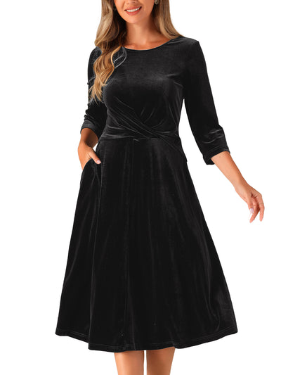 Velevet Round Neck 3/4 Sleeve Twisted A-Line Midi Dress