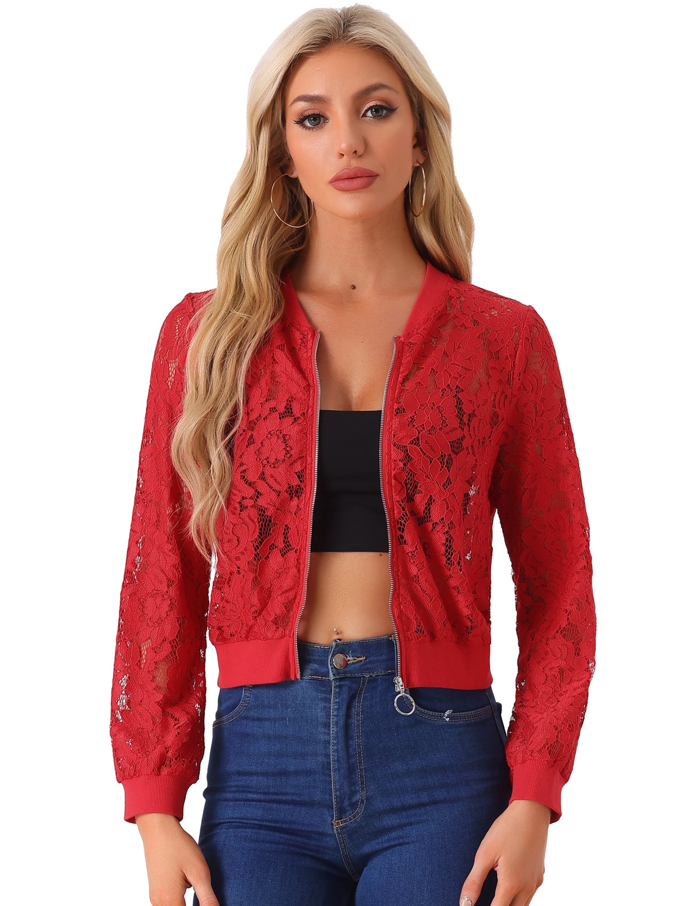 Allegra K Lace stand Collar Zip Up Mesh Sheer Bomber Jacket