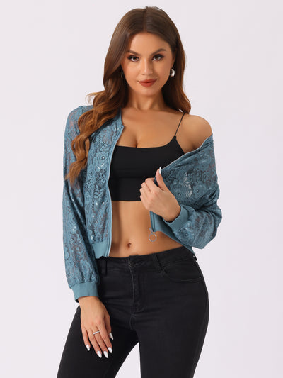 Lace stand Collar Zip Up Mesh Sheer Bomber Jacket