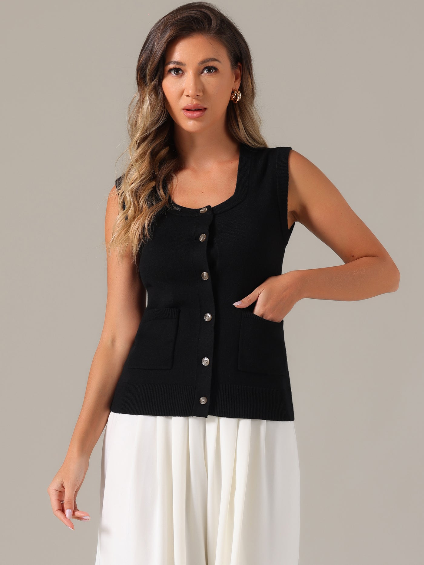 Allegra K Sleeveless Button Down Summer Ribbed Waistcoat Sweater Vest