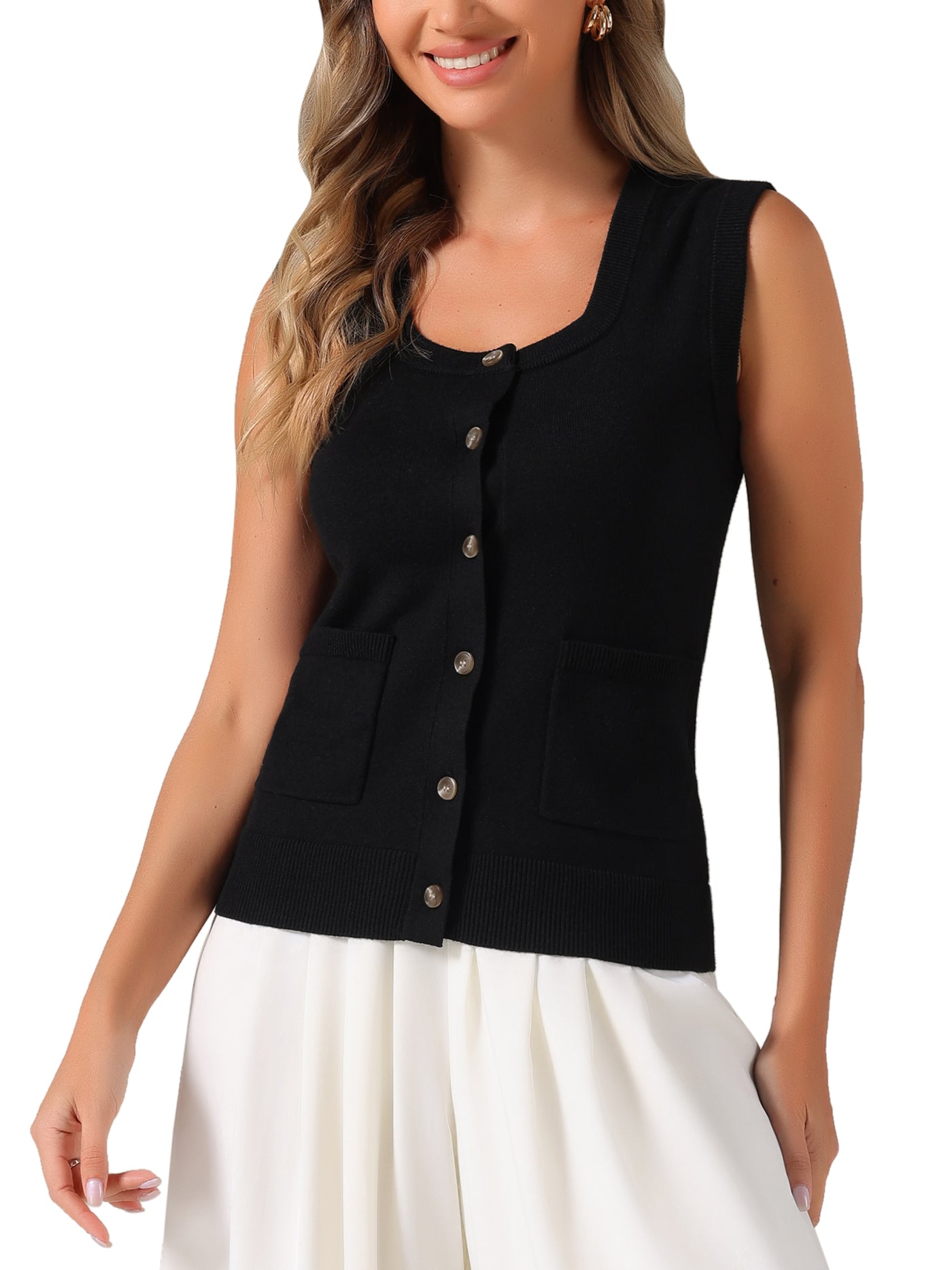 Allegra K Sleeveless Button Down Summer Ribbed Waistcoat Sweater Vest