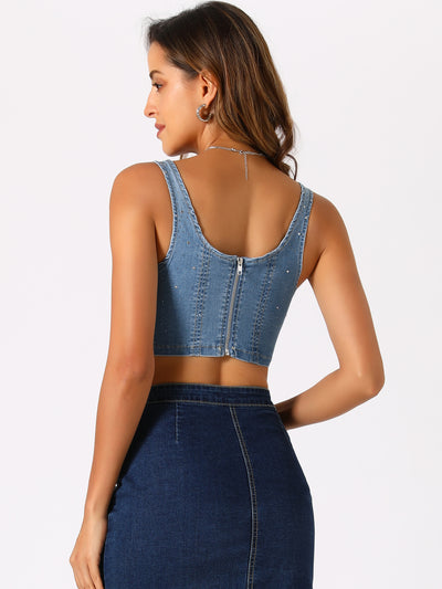 Denim Sleeveless Glitter Bustier Jean Cropped Tank Top