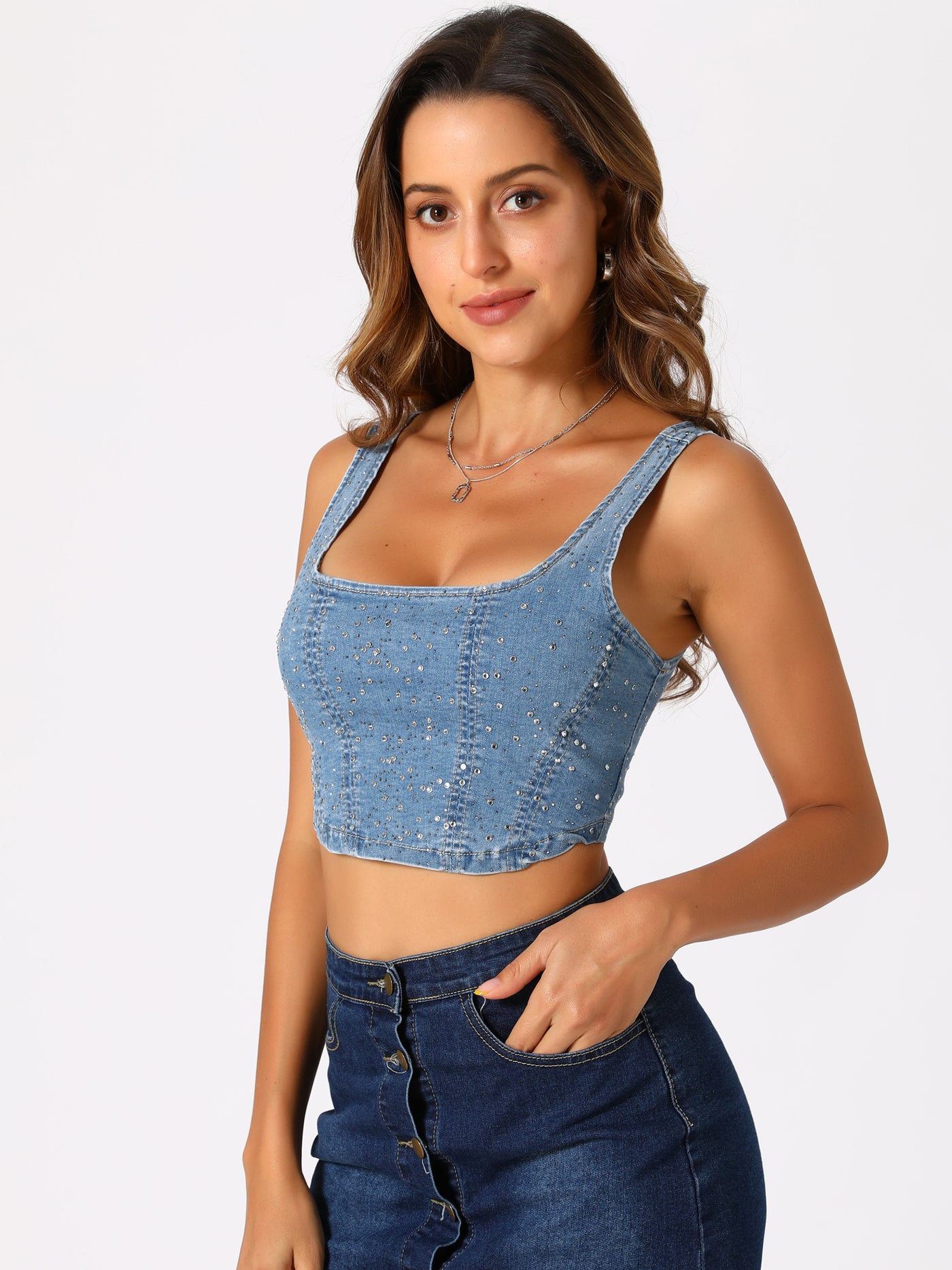 Allegra K Denim Sleeveless Glitter Bustier Jean Cropped Tank Top