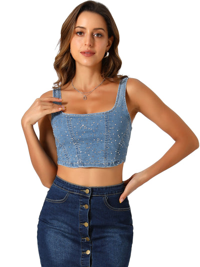 Denim Sleeveless Glitter Bustier Jean Cropped Tank Top