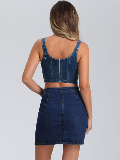 Denim Sleeveless Glitter Bustier Jean Cropped Tank Top