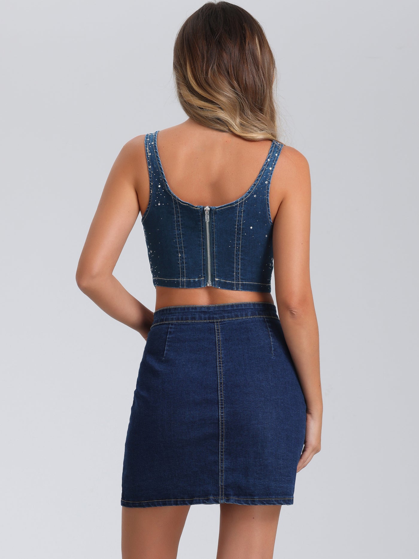 Allegra K Denim Sleeveless Glitter Bustier Jean Cropped Tank Top