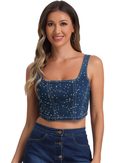 Denim Sleeveless Glitter Bustier Jean Cropped Tank Top