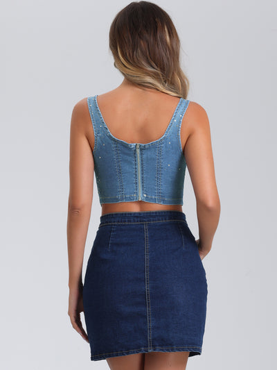 Denim Sleeveless Glitter Bustier Jean Cropped Tank Top