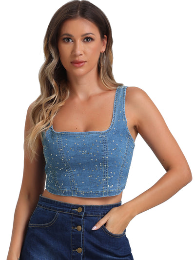 Denim Sleeveless Glitter Bustier Jean Cropped Tank Top