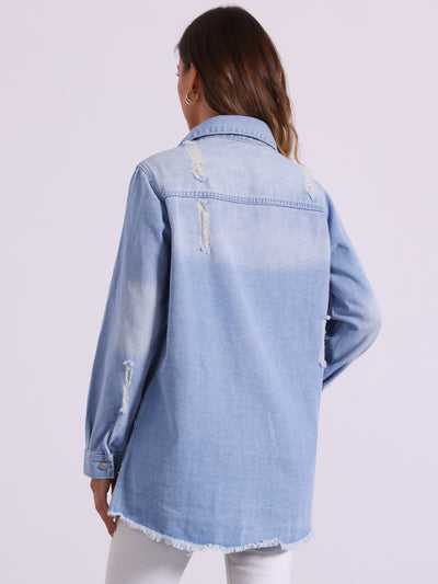 Denim Distressed Frayed Hem Button Down Jean Jackets