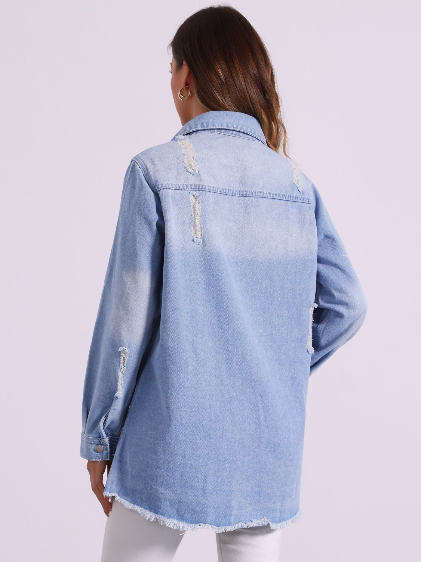 Allegra K Denim Distressed Frayed Hem Button Down Jean Jackets