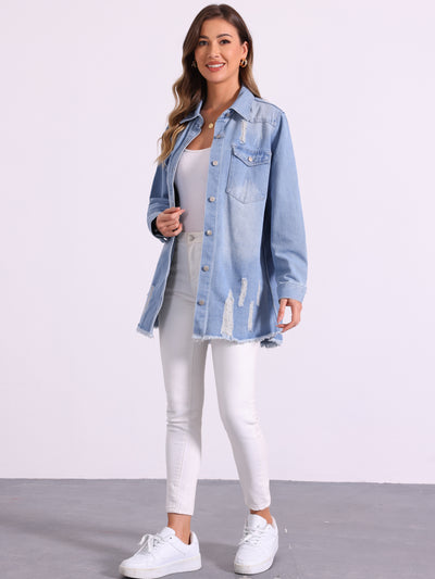 Denim Distressed Frayed Hem Button Down Jean Jackets