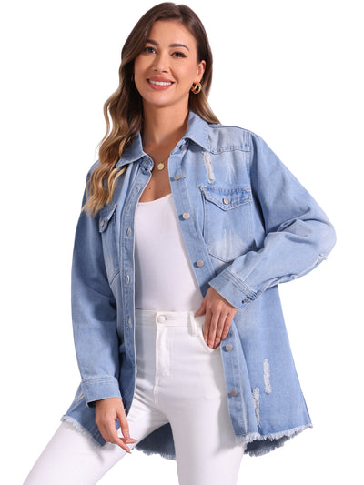 Denim Distressed Frayed Hem Button Down Jean Jackets