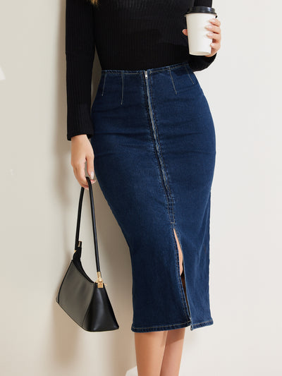 Denim Front Slit Zipper High Waist Bodycon Midi Jean Skirt