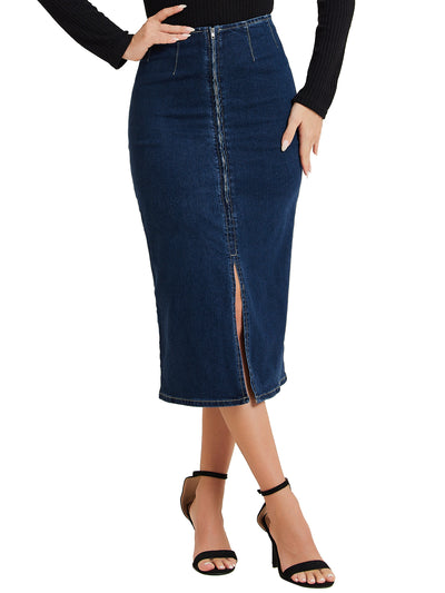 Denim Front Slit Zipper High Waist Bodycon Midi Jean Skirt