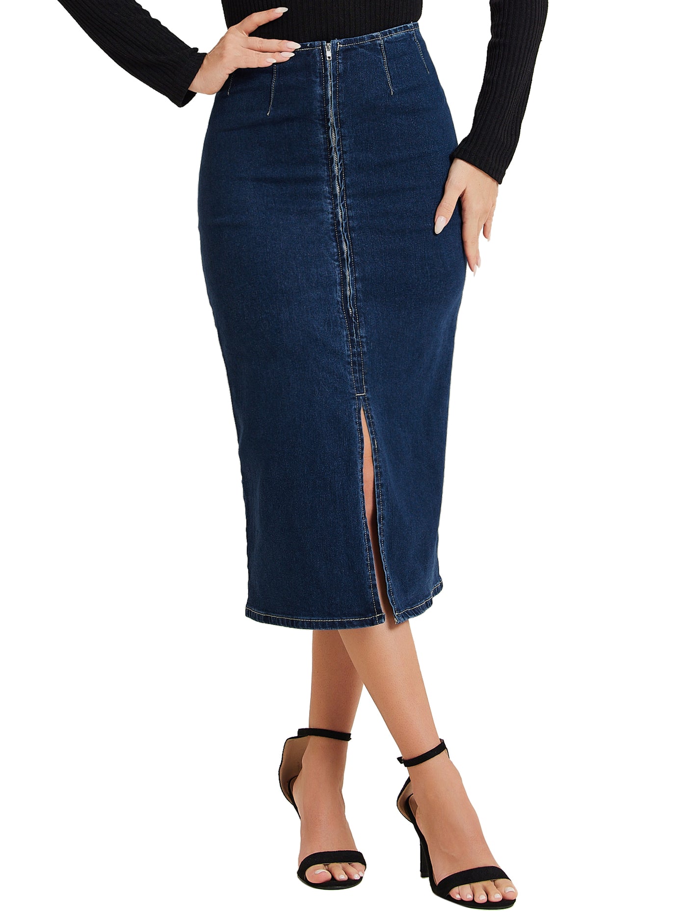 Allegra K Denim Front Slit Zipper High Waist Bodycon Midi Jean Skirt