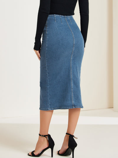 Denim Front Slit Zipper High Waist Bodycon Midi Jean Skirt