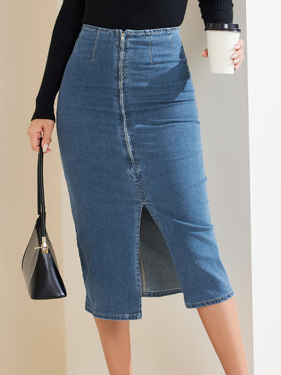 Denim Front Slit Zipper High Waist Bodycon Midi Jean Skirt