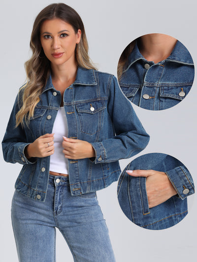 Collar Long Sleeve Button Down Cropped Denim Jean Jacket