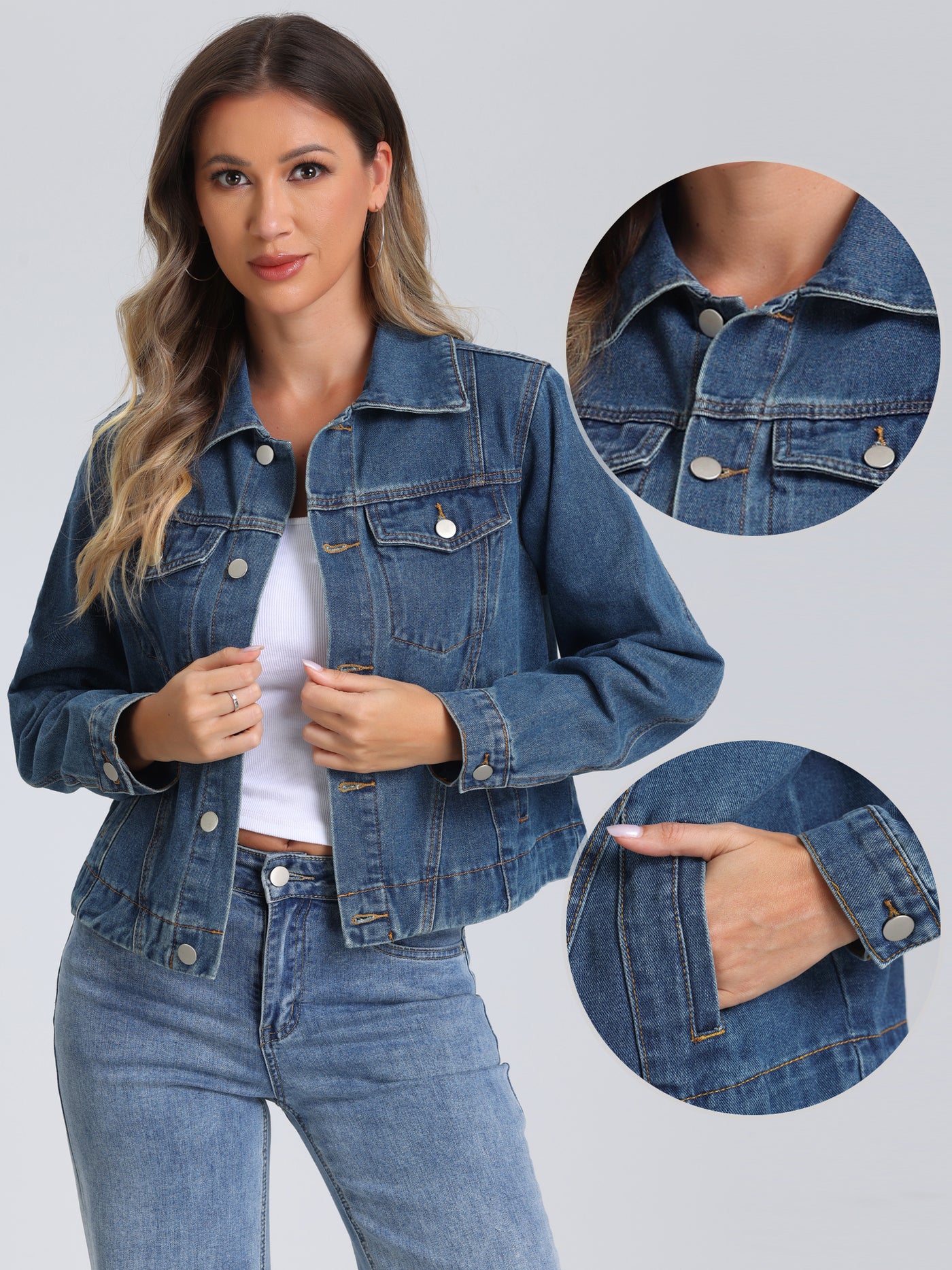 Allegra K Collar Long Sleeve Button Down Cropped Denim Jean Jacket