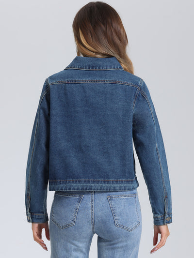 Collar Long Sleeve Button Down Cropped Denim Jean Jacket