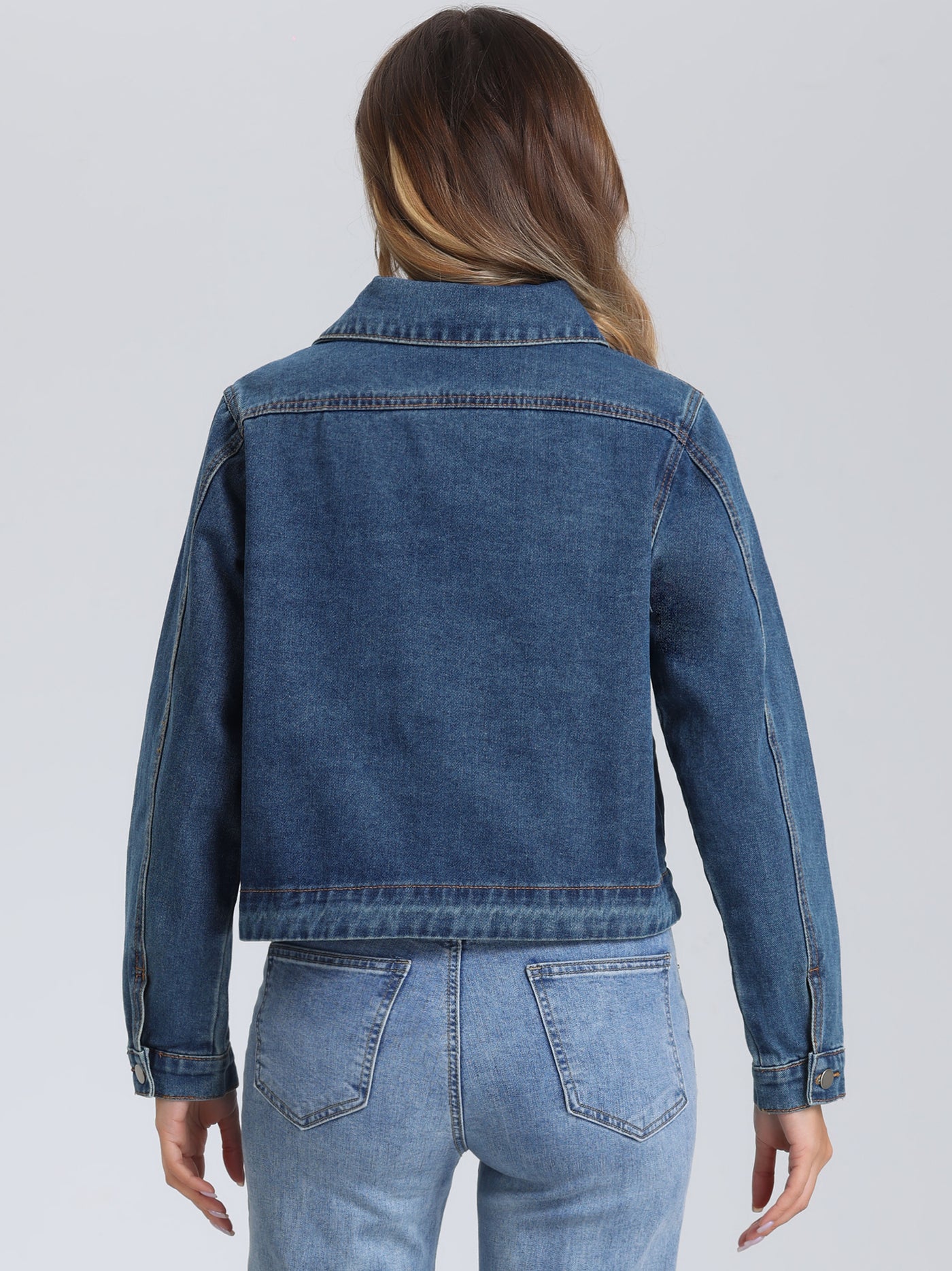 Allegra K Collar Long Sleeve Button Down Cropped Denim Jean Jacket