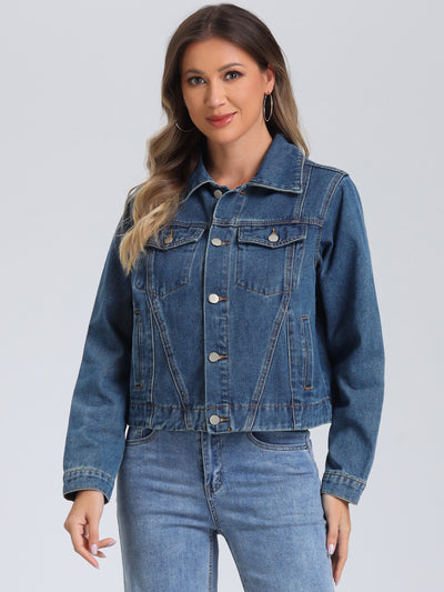 Collar Long Sleeve Button Down Cropped Denim Jean Jacket