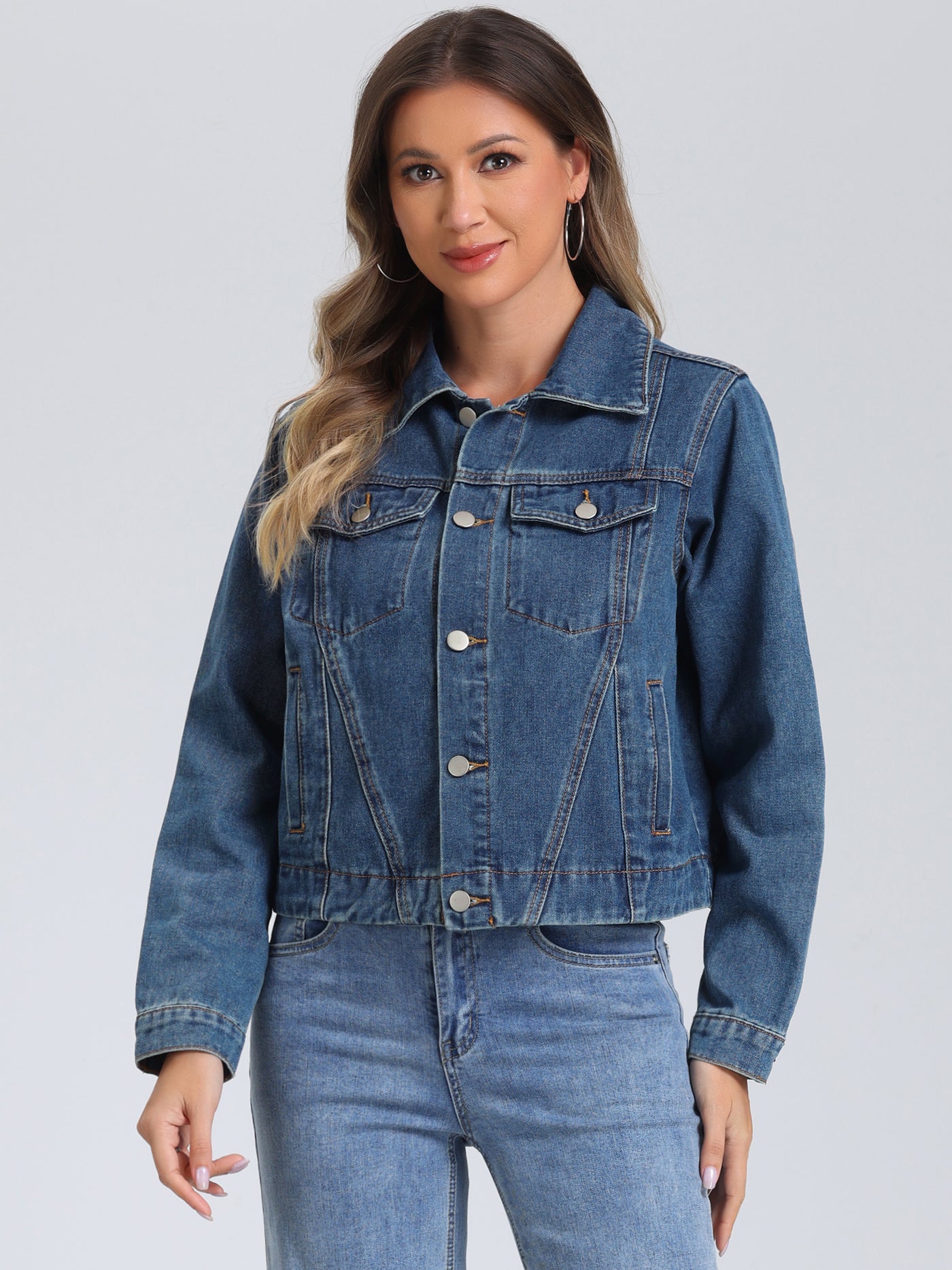 Allegra K Collar Long Sleeve Button Down Cropped Denim Jean Jacket