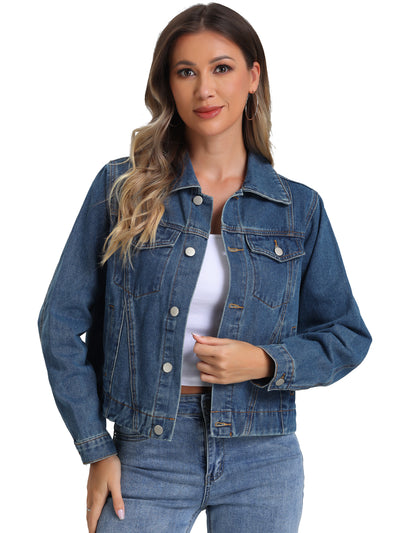 Collar Long Sleeve Button Down Cropped Denim Jean Jacket