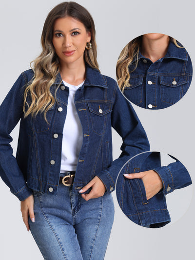 Collar Long Sleeve Button Down Cropped Denim Jean Jacket