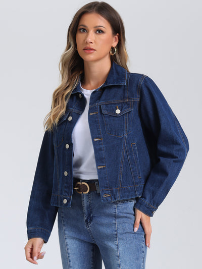 Collar Long Sleeve Button Down Cropped Denim Jean Jacket