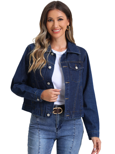 Collar Long Sleeve Button Down Cropped Denim Jean Jacket