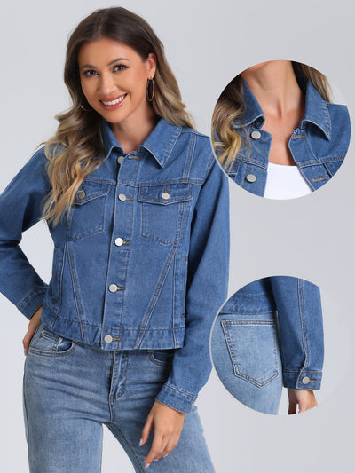 Collar Long Sleeve Button Down Cropped Denim Jean Jacket